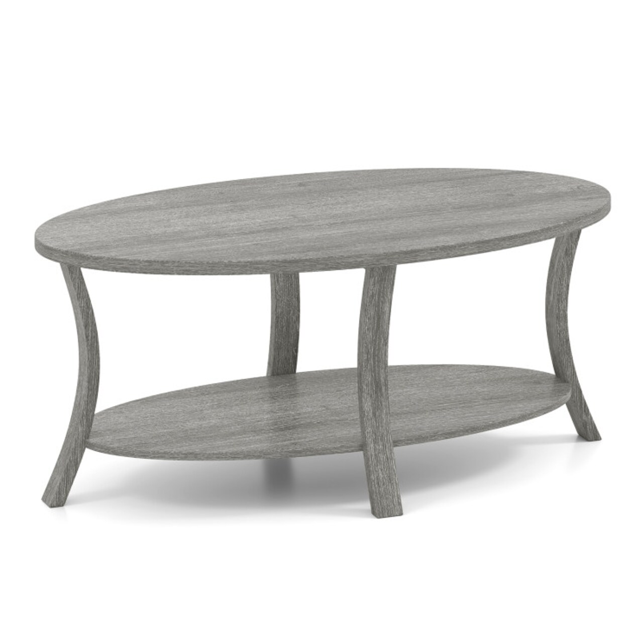 Grey Rubber Wood 2-Tier Coffee Table with Open Shelf and Rustic Design